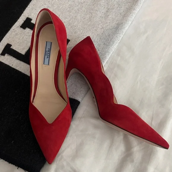 Prada Scarlet Suede Heels - Picture 1 of 7